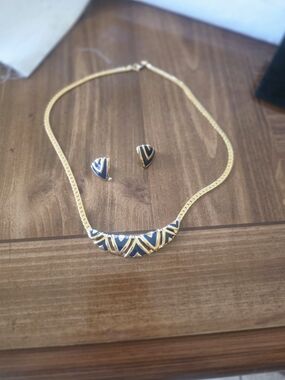 Vintage 80s Monte Gold and Navy Enamel Necklace and Earring Set by